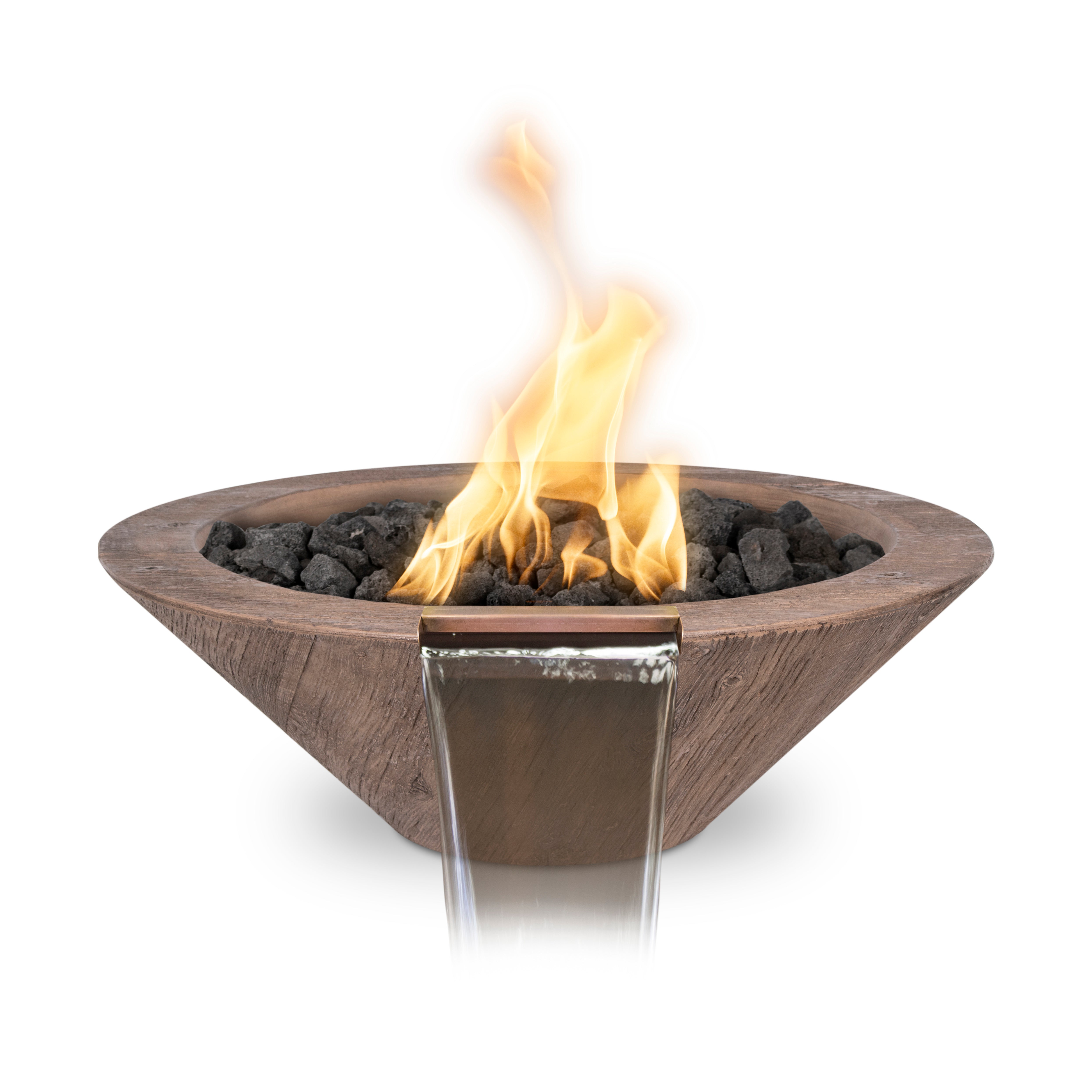 The Outdoor Plus Round Cazo Fire & Water Bowl - Wood Grain GFRC Concrete 32-Inch - Backyard Ember