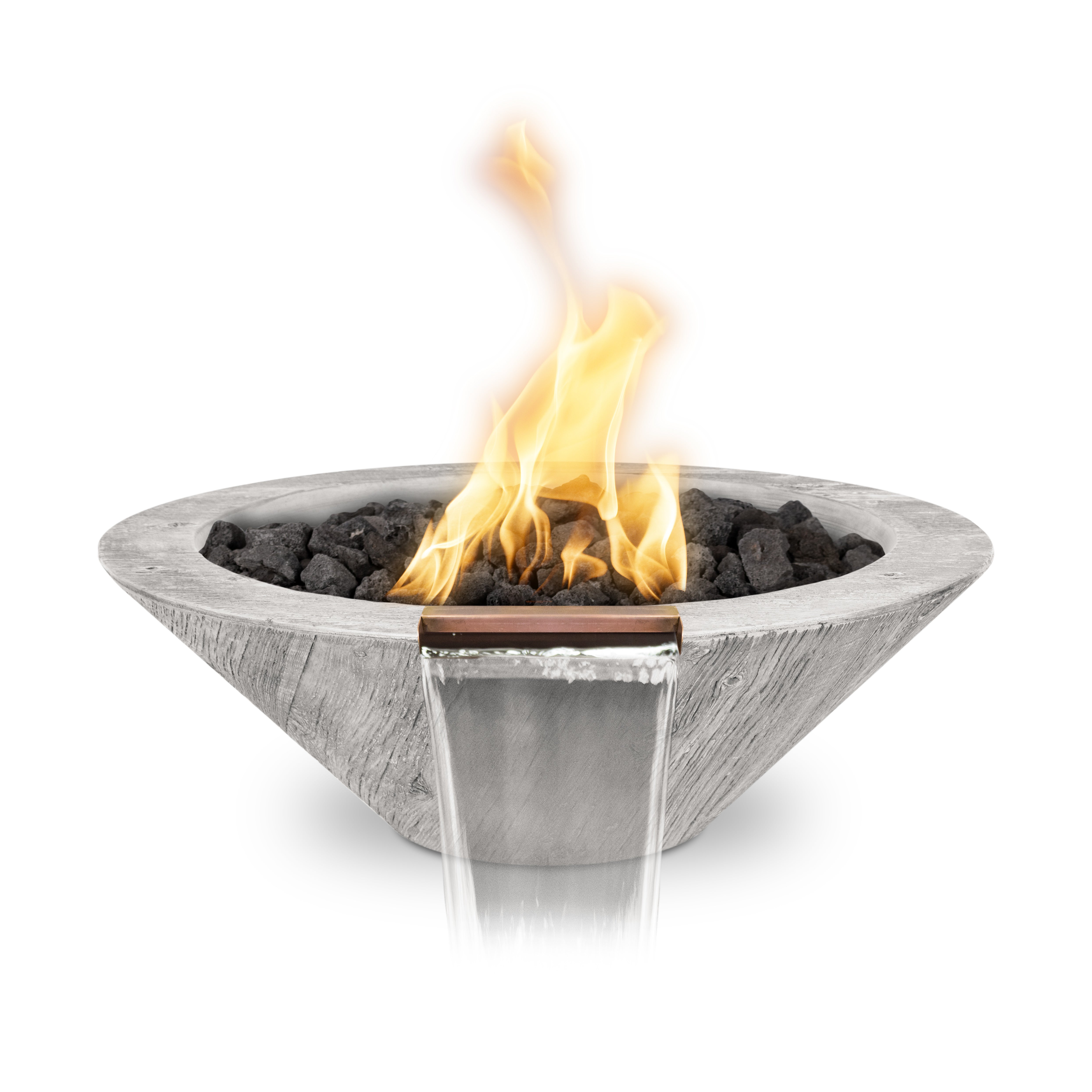 The Outdoor Plus Round Cazo Fire & Water Bowl - Wood Grain GFRC Concrete 32-Inch - Backyard Ember