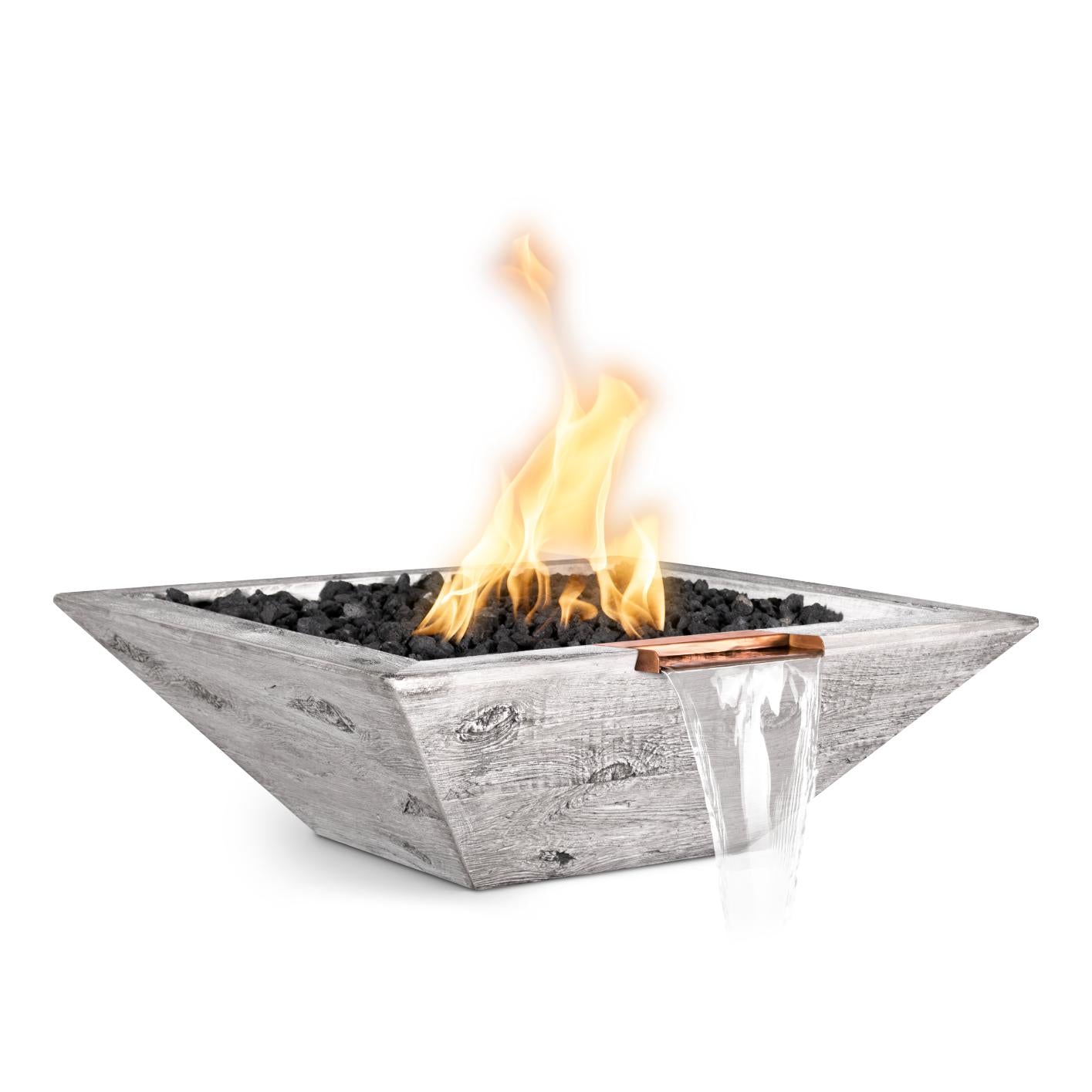 The Outdoor Plus Square Maya Fire & Water Bowl - Wood Grain GFRC Concrete 30-Inch - Backyard Ember