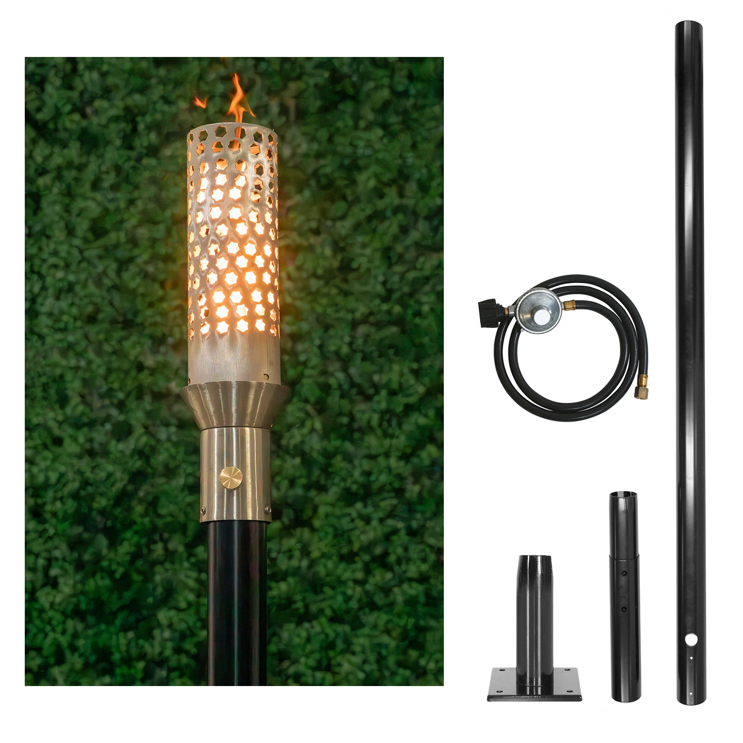 The Outdoor Plus Honeycomb Original TOP Torch & Post Complete - Stainless Steel - Backyard Ember