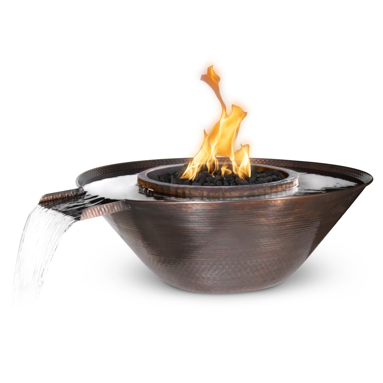 The Outdoor Plus Remi Hammered Copper Fire & Water Bowl - Gravity Spill 31-Inch - Backyard Ember