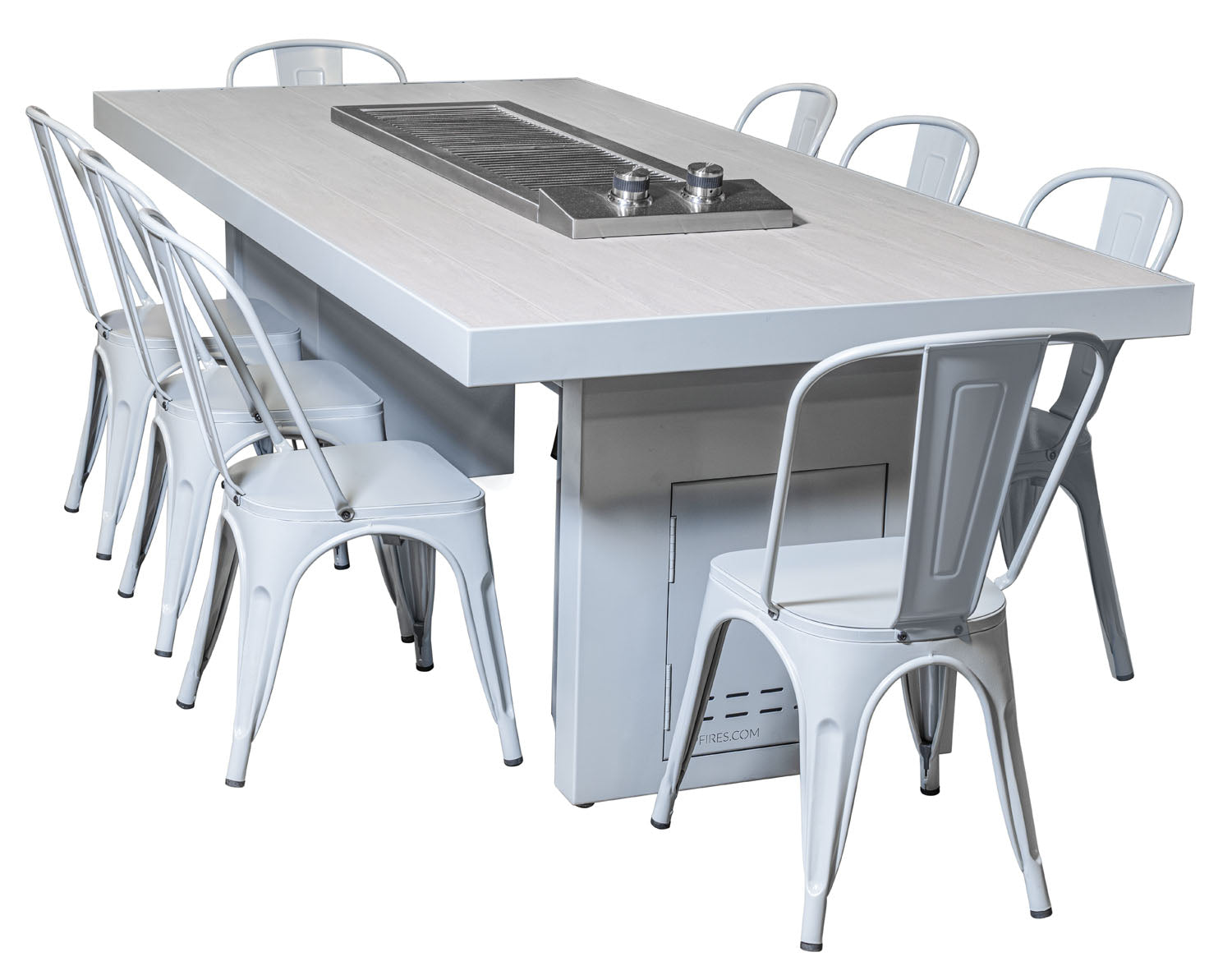 Videl USA Alameda Cooking Table Set - Anza Double Burner Grill & 6 Chairs - Powder Coated - Backyard Ember