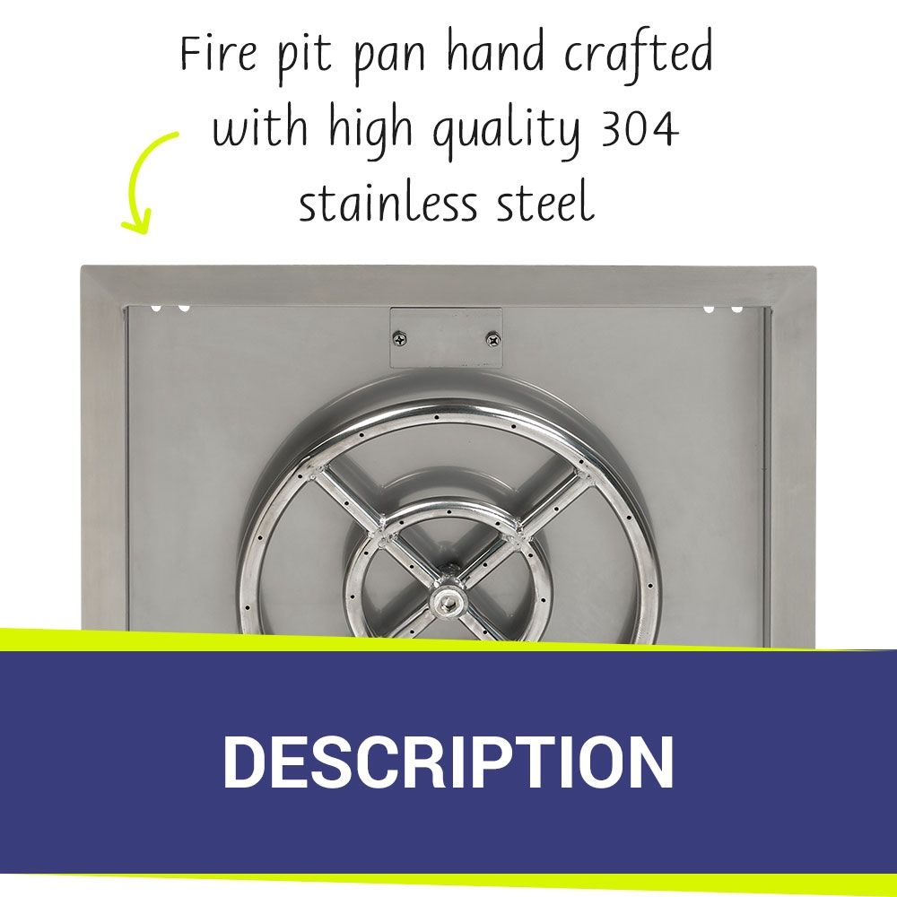 American Fire Products 18" Square Stainless Steel Drop-In Fire Pit Pan with 12" Fire Ring