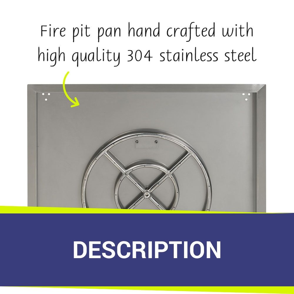 American Fire Products 30" Square Stainless Steel Drop-In Fire Pit Pan with 18" Fire Ring