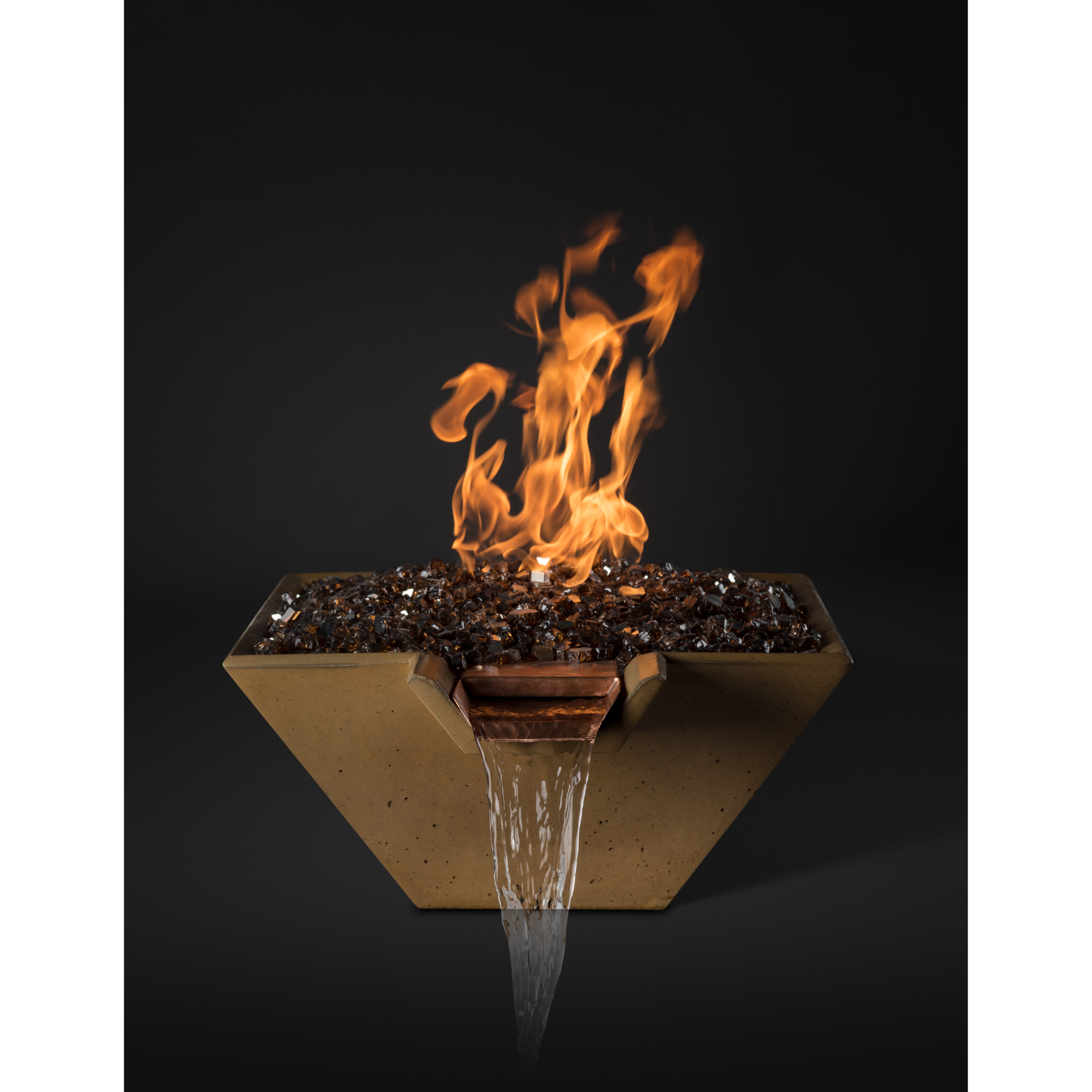 Slick Rock Cascade Square Fire On Glass Water Bowl - Copper Scupper Electronic Ignition