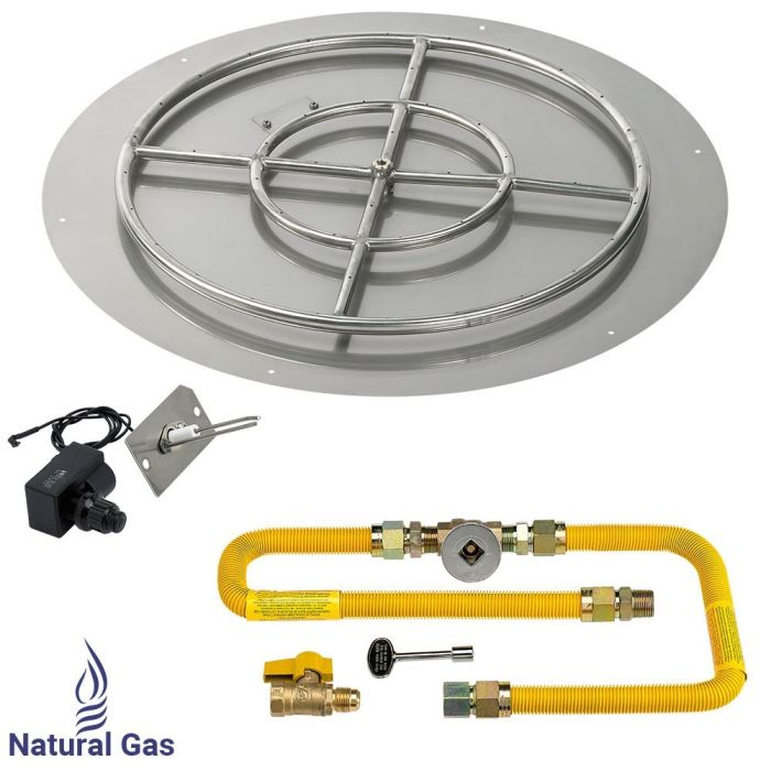 American Fire Products 36" Round Stainless Steel Flat Fire Pit Pan - 24" Ring - Spark Ignition - Natural Gas
