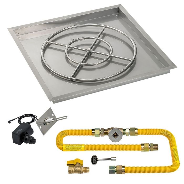 American Fire Products 30" Square Stainless Steel Drop-In Fire Pit Pan - 24" Ring - Spark Ignition - Natural Gas