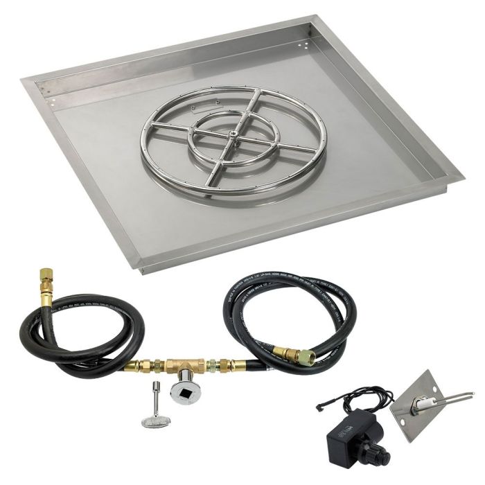 American Fire Products 36" Square Stainless Steel Drop-In Fire Pit Pan - 18" Ring - Spark Ignition - Natural Gas