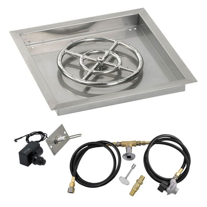American Fire Products 18" Square Stainless Steel Drop-In Fire Pit Pan - 12" Ring - Spark Ignition - Natural Gas