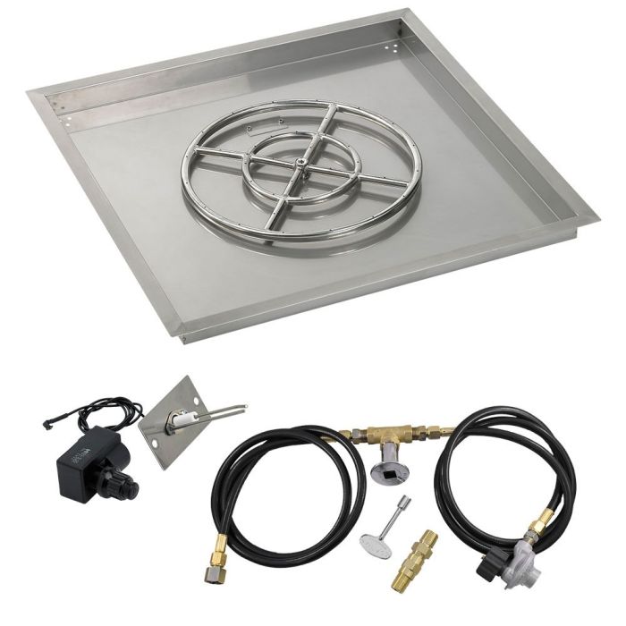 American Fire Products 30" Square Stainless Steel Drop-In Fire Pit Pan - 18" Ring - Spark Ignition - Propane